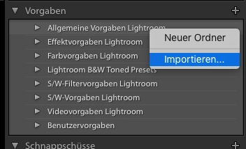 Lightroom Vorgaben importieren